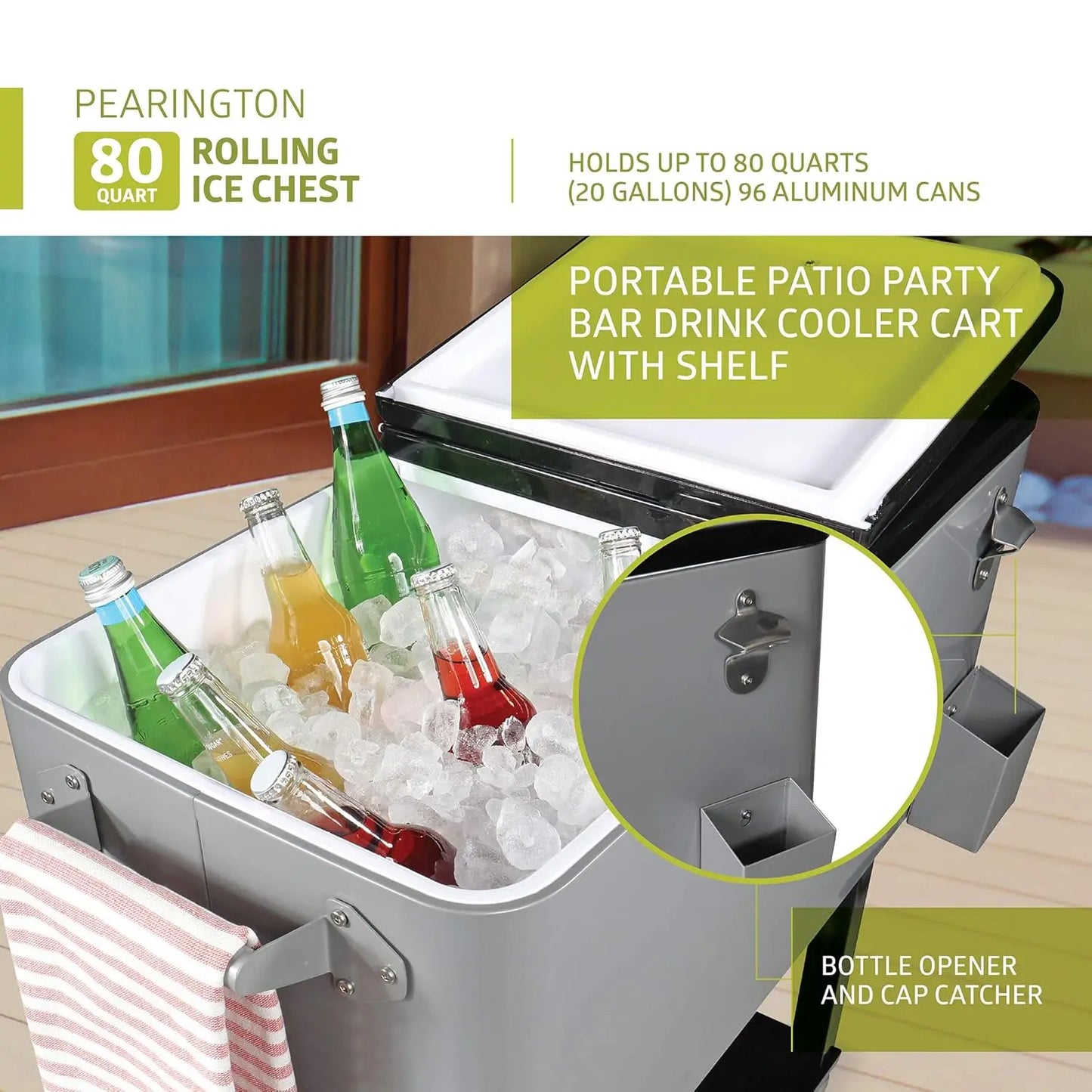 80 Quart Rolling Ice Chest, Portable Patio Party Bar Drink Cooler Cart, with Shelf, Beverage Pool with Bottle Opener, Grey