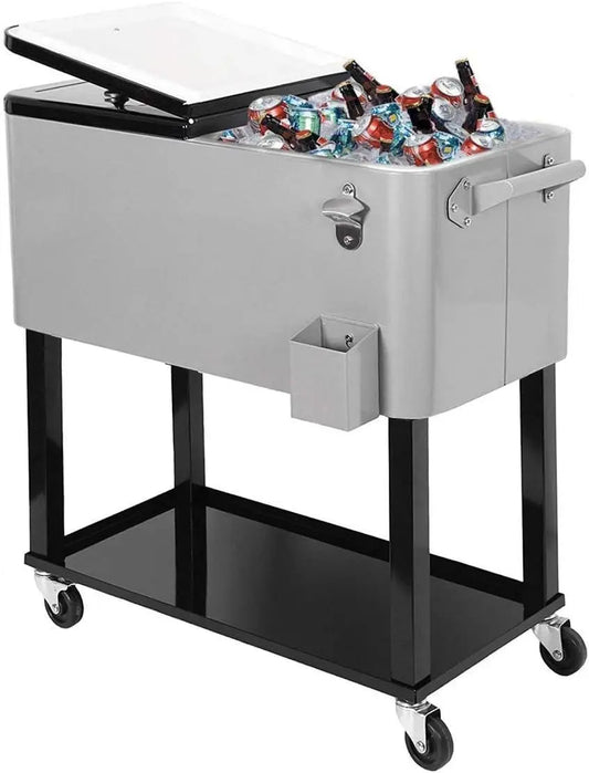 80 Quart Qt Rolling Cooler Ice Chest for Outdoor Patio Deck Party, Grey, Portable Party Bar Cold Drink Beverage Cart Tub