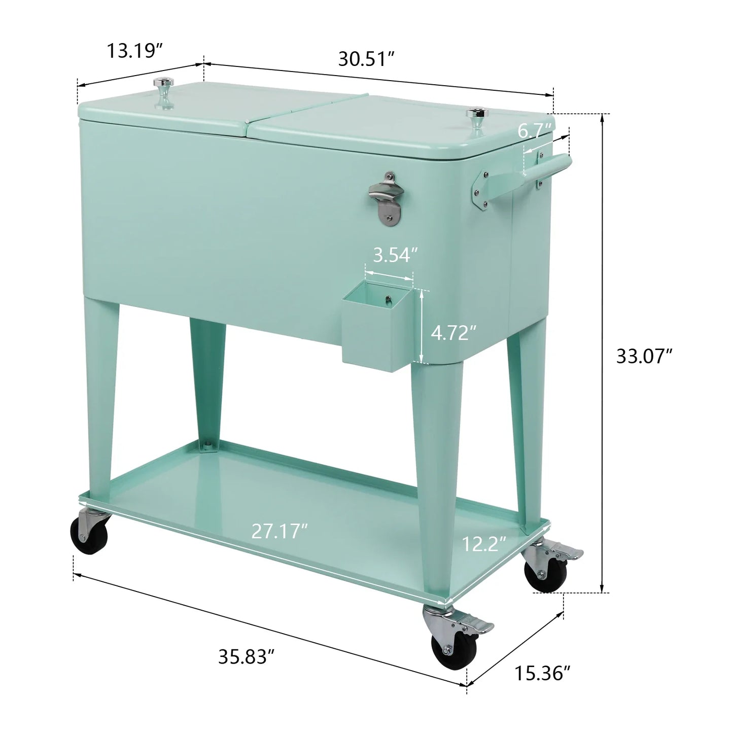 80 Quart Rolling Ice Chest on Wheels Portable Patio Party Bar Drink Cooler Cart with Shelf Beverage Pool with Bottle Opener