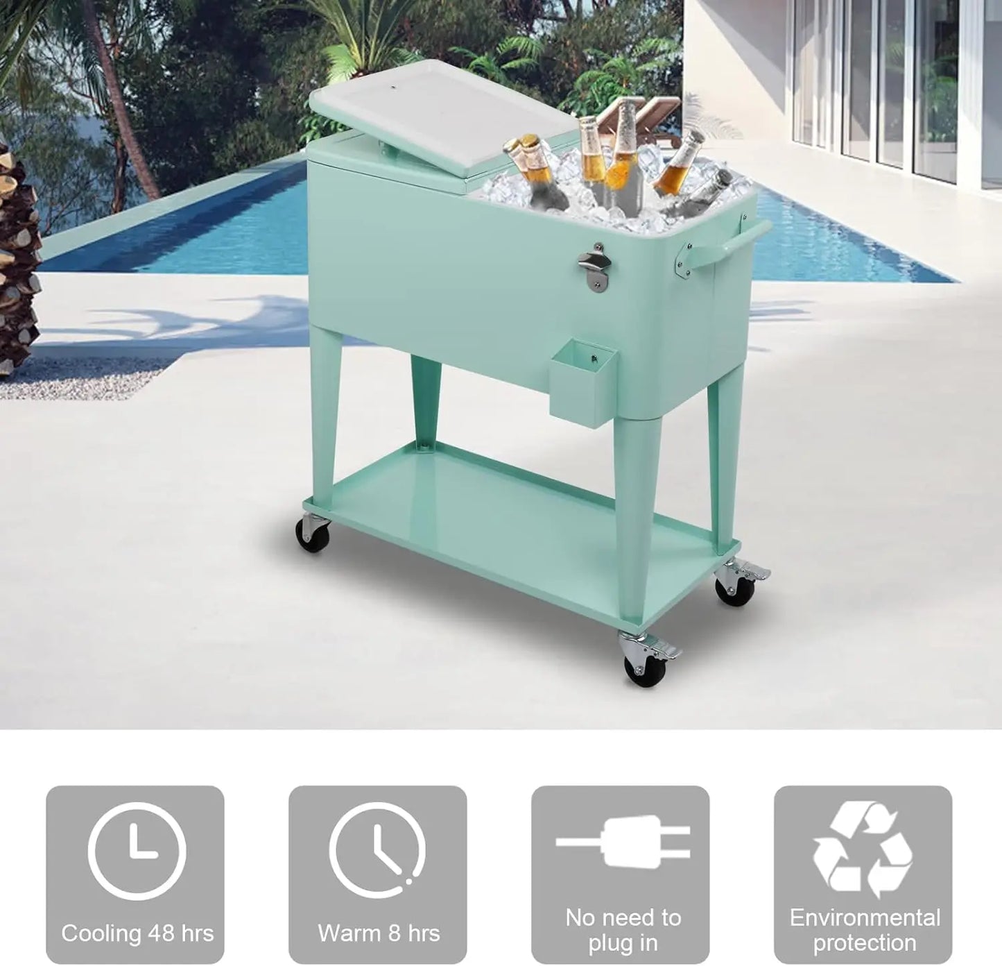 80 Quart Rolling Ice Chest on Wheels, Portable Patio Party Bar Drink Cooler Cart, with Shelf, Beverage Pool with Bottle Opener