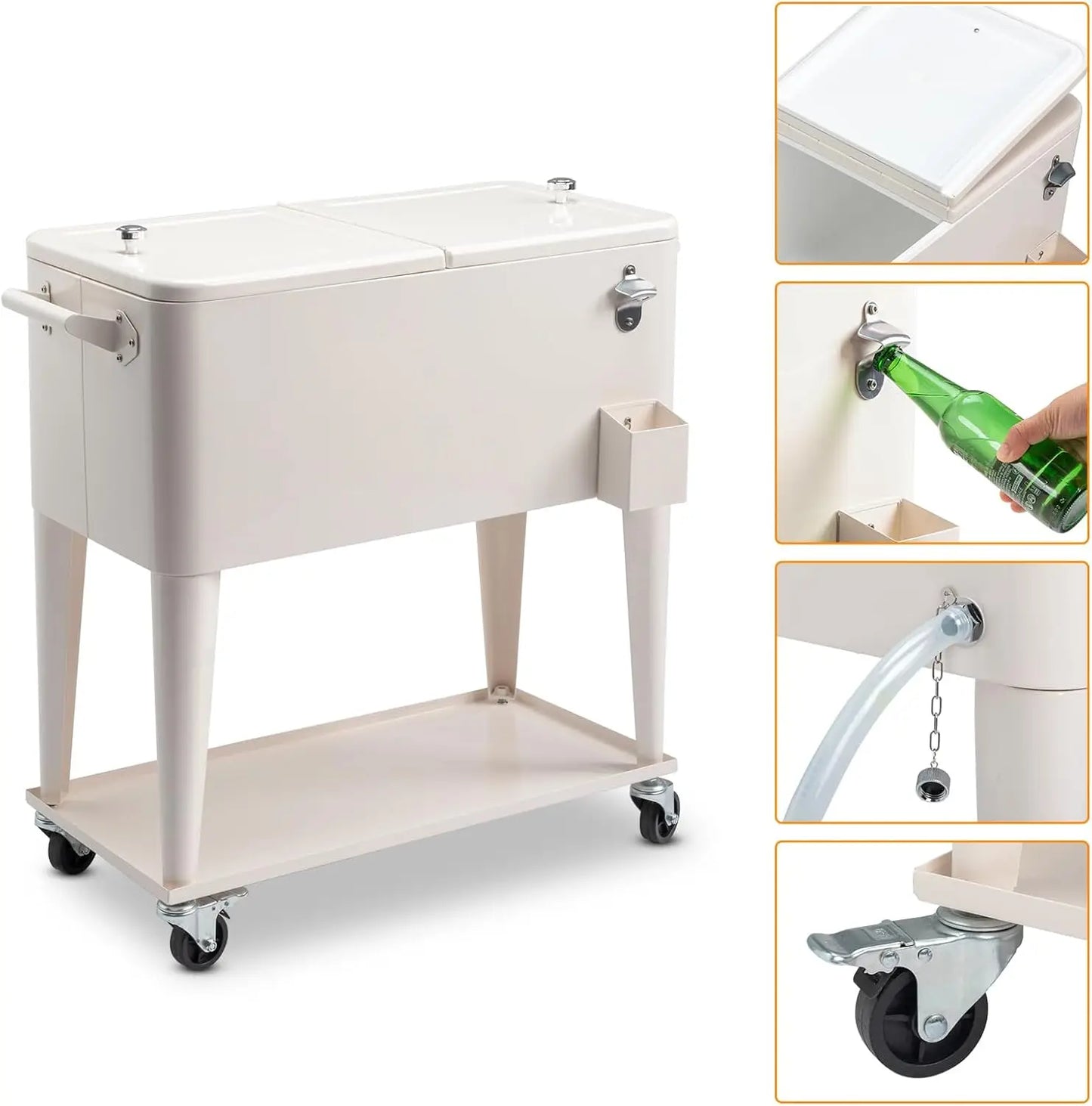 SEALAMB 80 Quart Rolling Cooler Cart with Wheels, Portable Ice Chest with Bottle Opener & Shelf, Outdoor Beverage Cart Ice Chest