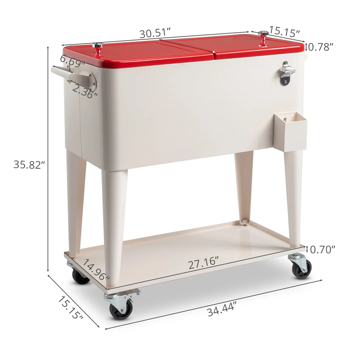 80 Quart Rolling Ice Chest on Wheels Portable Patio Party Bar Drink Cooler Cart with Shelf Beverage Pool with Bottle Opener