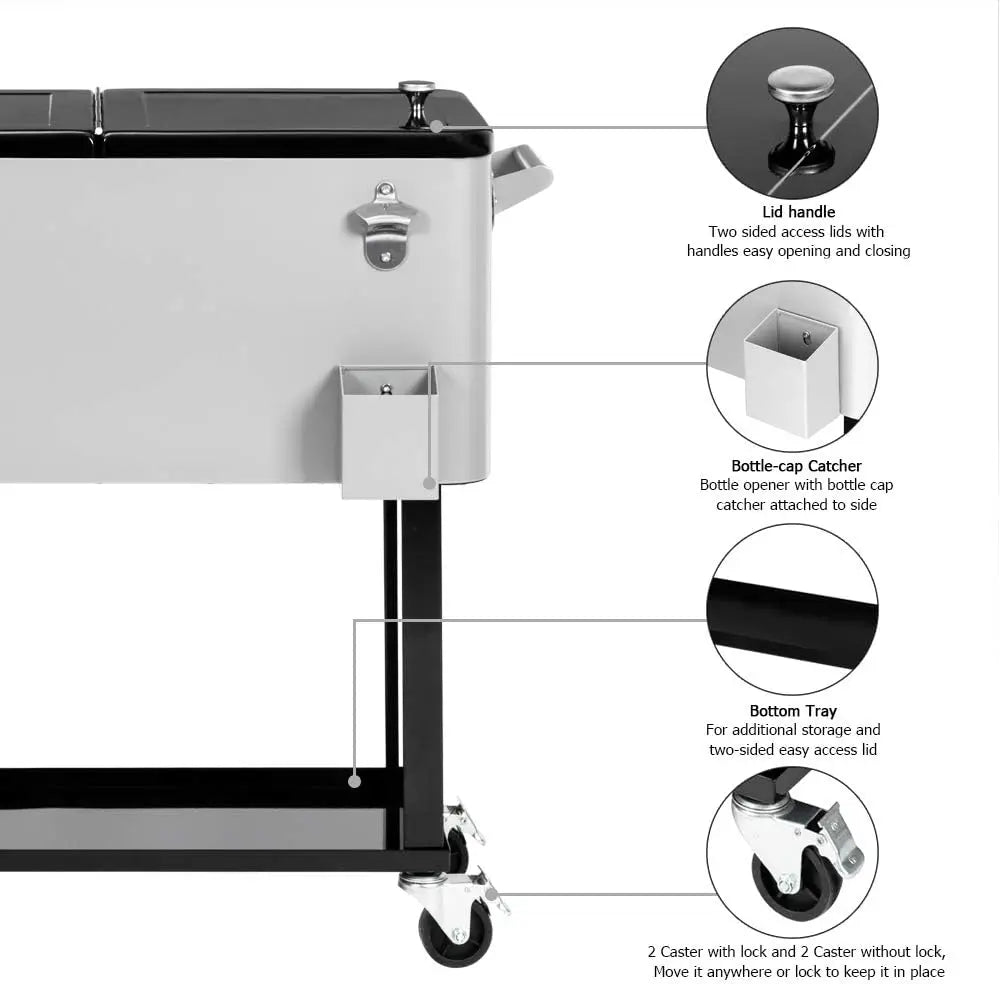 80 Quart Rolling Ice Chest, Portable Patio Party Bar Drink Cooler Cart, with Shelf, Beverage Pool with Bottle Opener