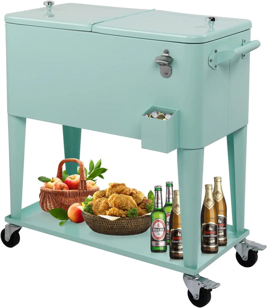 80 Quart Rolling Ice Chest on Wheels, Portable Patio Party Bar Drink Cooler Cart, with Shelf, Beverage Pool with Bottle Opener